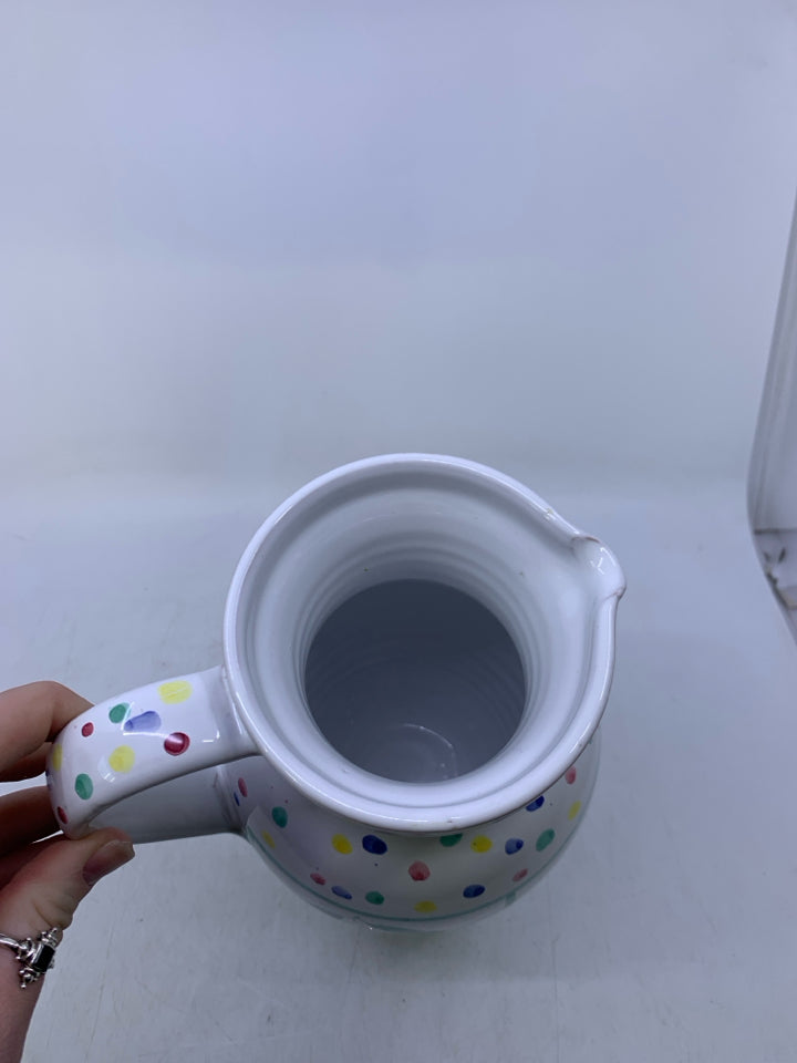 WHITE PITCHER W/ COLORED POLKA DOTS/FRUIT.