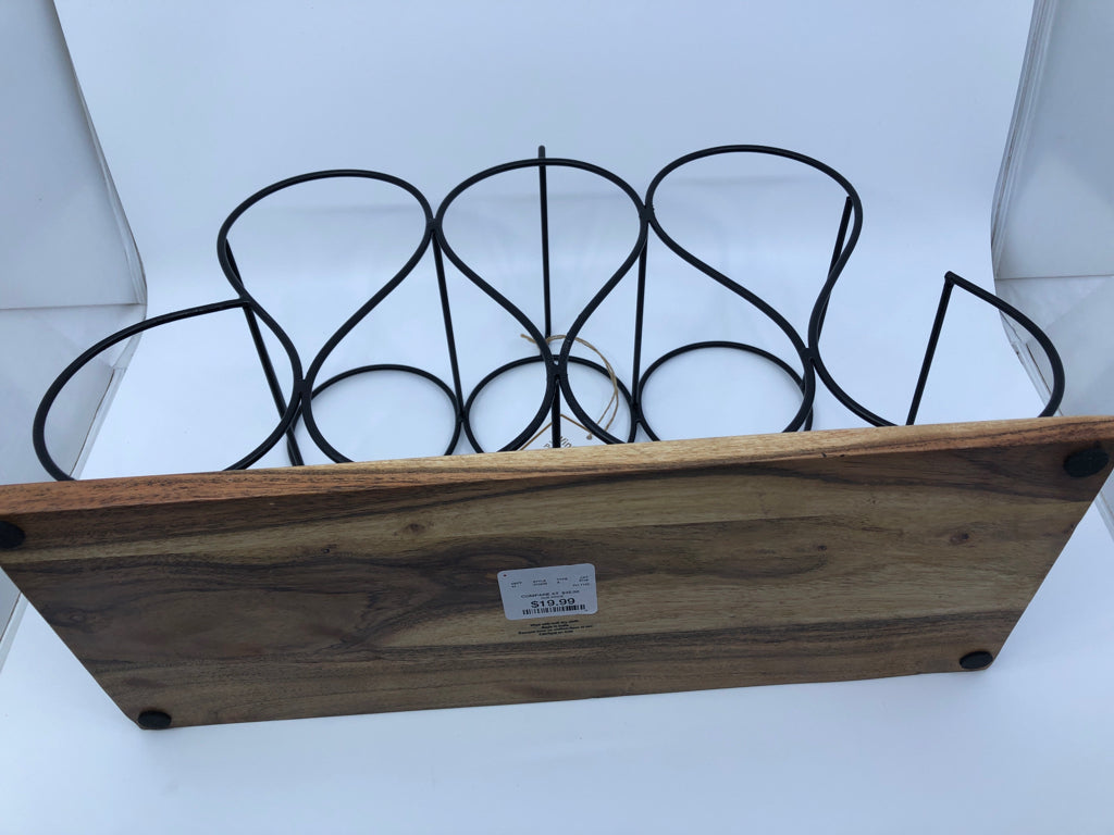 WOOD BASE METAL WINE RACK.