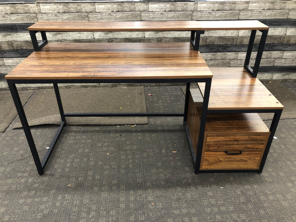2 TIER OAK WOOD DESK W/METAL BASE, PRINTER SPOT AND FILE CABINET.