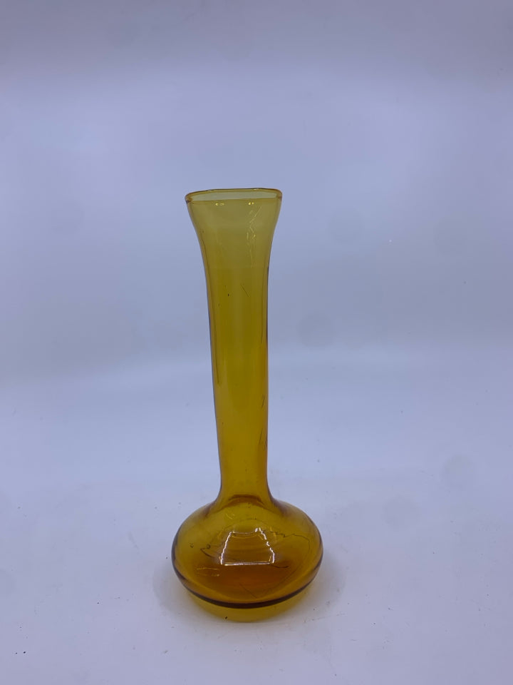 BULB BOTTOM FLARED TOP AMBER GLASS BUD VASE.