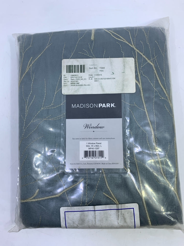 NIP BLUE W/ GOLD EMBROIDERED TREES CURTAIN 1 PANEL.