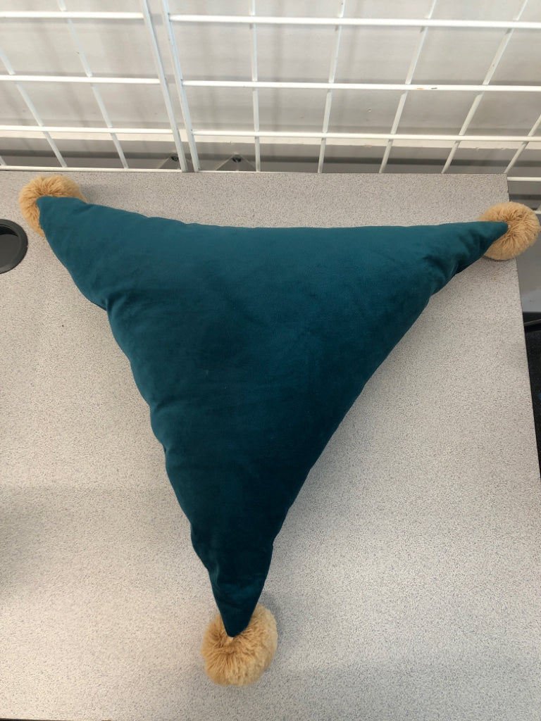 BLUE TRIANGLE PILLOW W/POM-POMS.