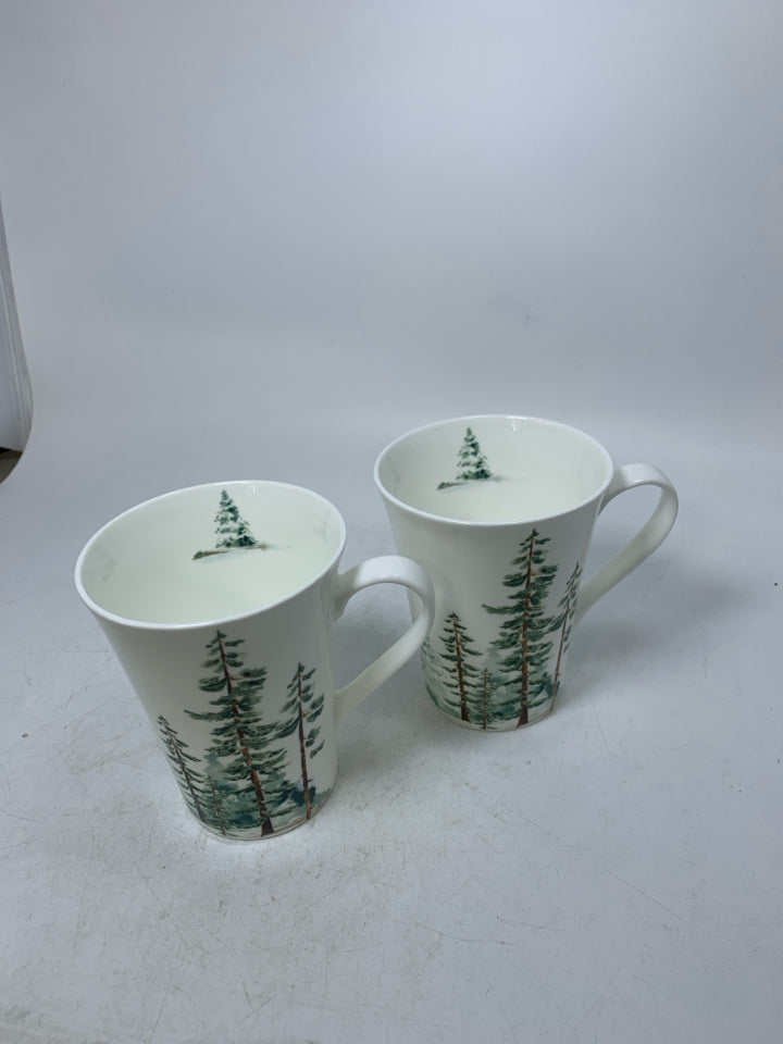 2 WATERCOLOR PINE TREES FOREST MUGS.