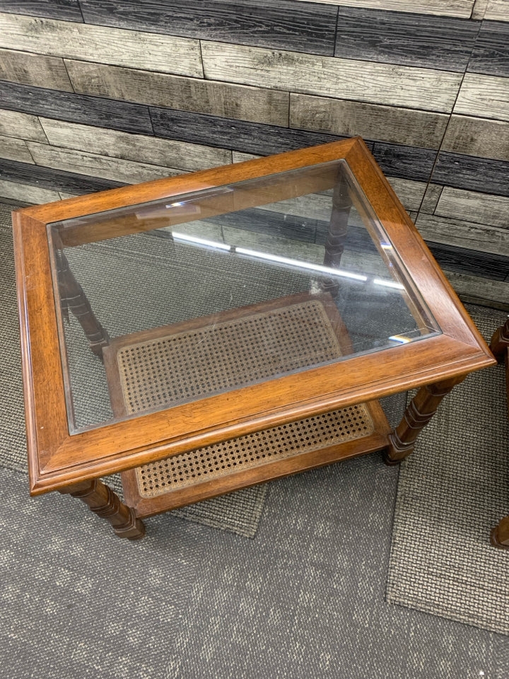 DARK WOOD GLASS TOP SIDE TABLE W BOTTOM SHELF.