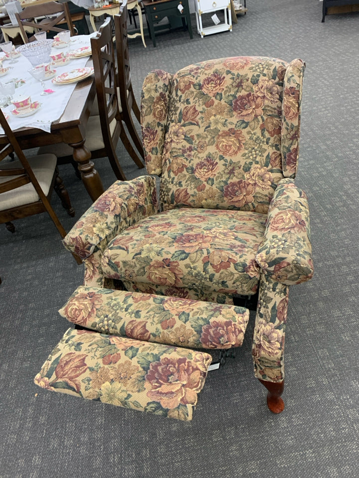 DARK ROSE PATTERN RECLINER W/ ARM COVERS.