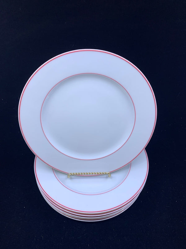 6 WHITE RED RIMMED LUNCH PLATES.