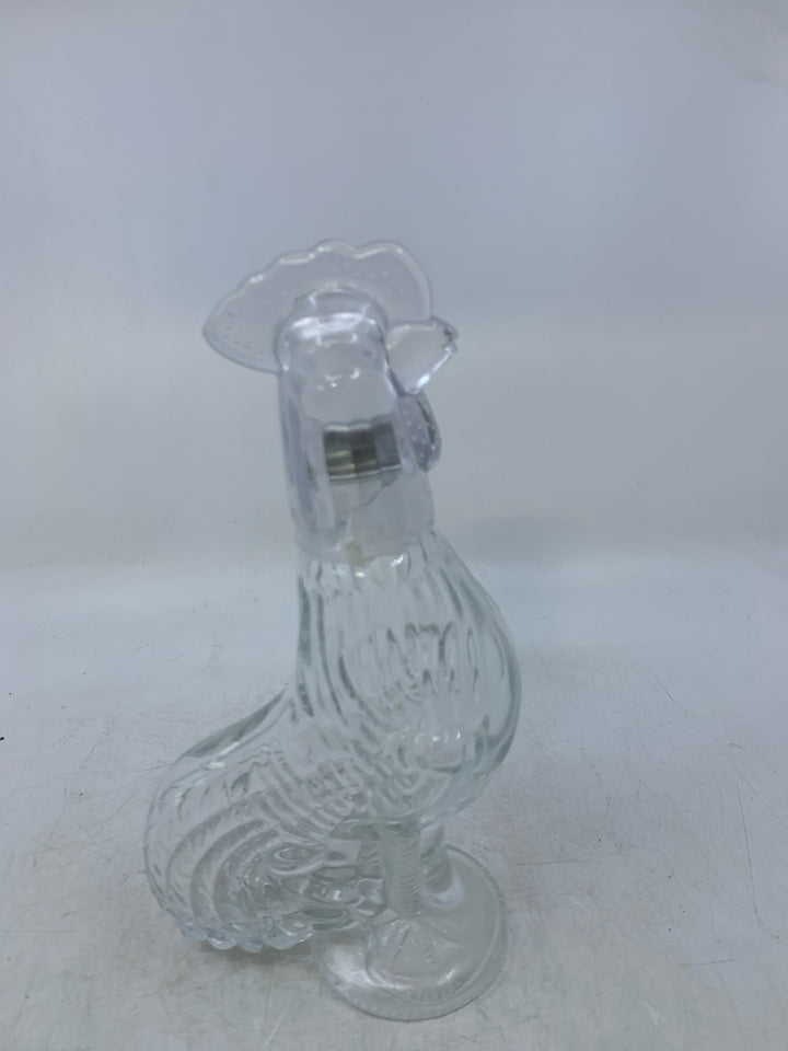 CLEAR GLASS ROOSTER DECANTER W/ PLASTIC HEAD.