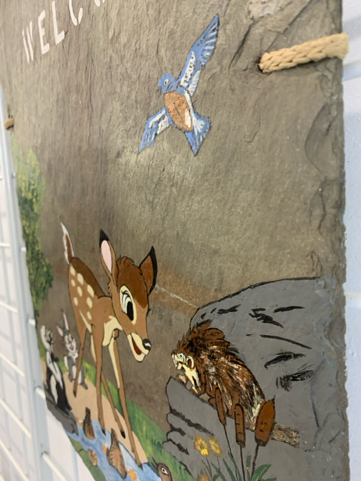 PAINTED BAMBI SCENE ON SLATE HANGING PICTURE.
