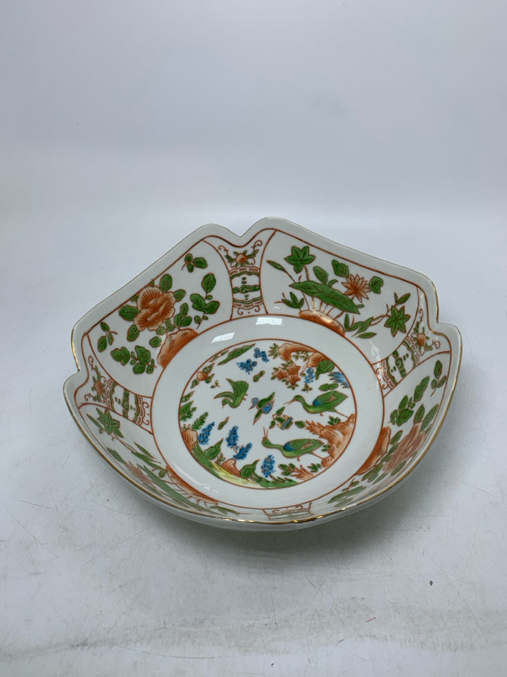 GREEN LEAVES ORANGE FLOWERS CRANE MOTIFS W/ GOLD TRIM.