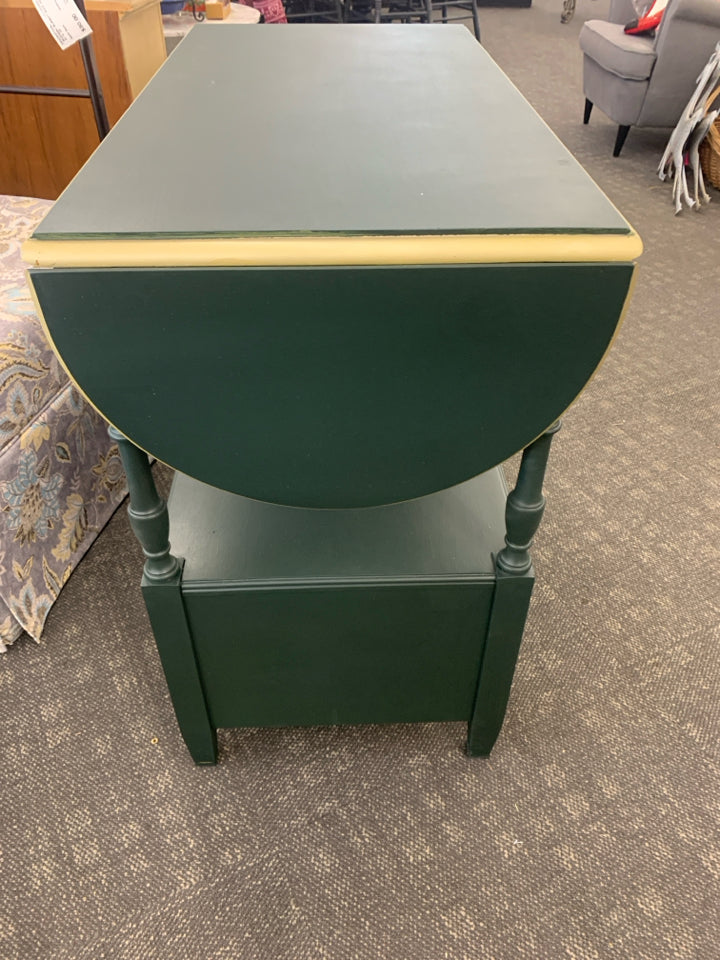 GREEN PAINTED CONSOLE/ BUFFET TABLE WITH FOLDING SIDES.