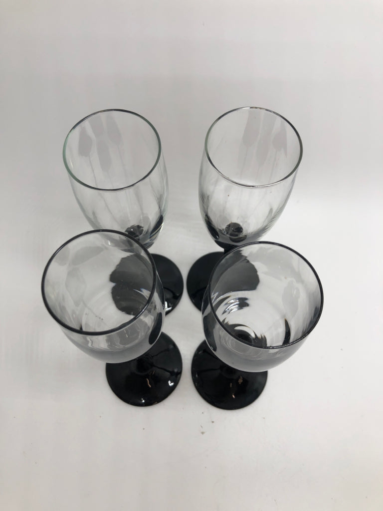 4PC BLACK STEMMED FLUTES MADE IN FRANCE.