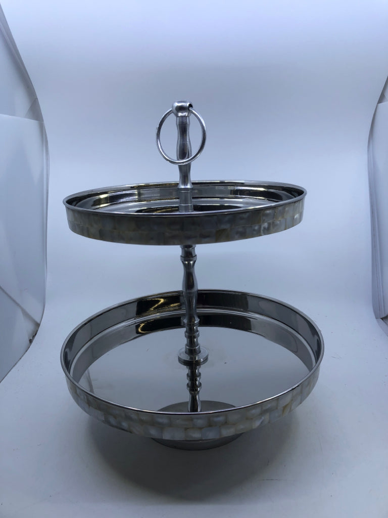 2 TIER SILVER SERVING TRAY IRIDESCENT PEARL TILE RIM.