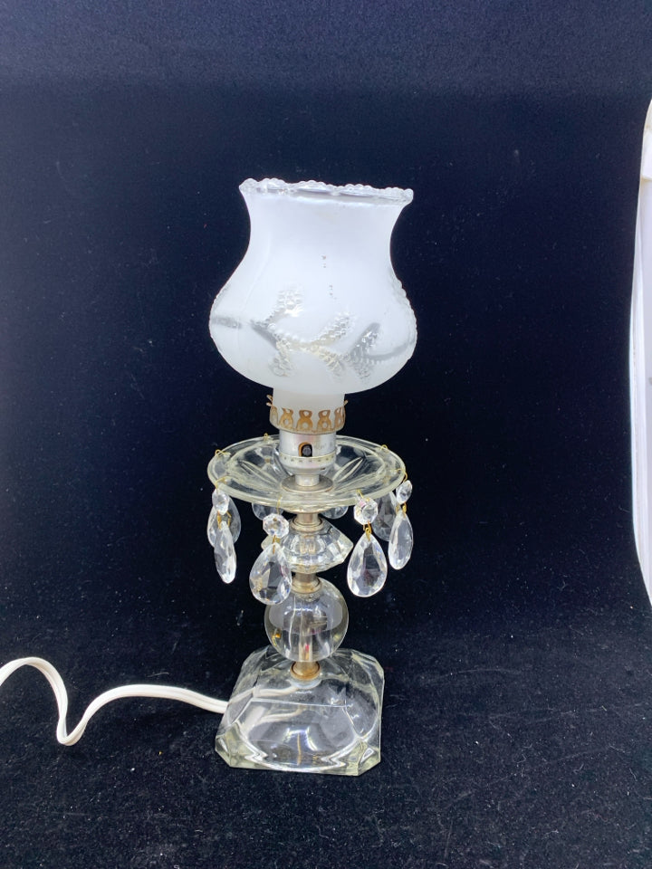 VTG FROSTED GLASS LAMP W JEWELS.