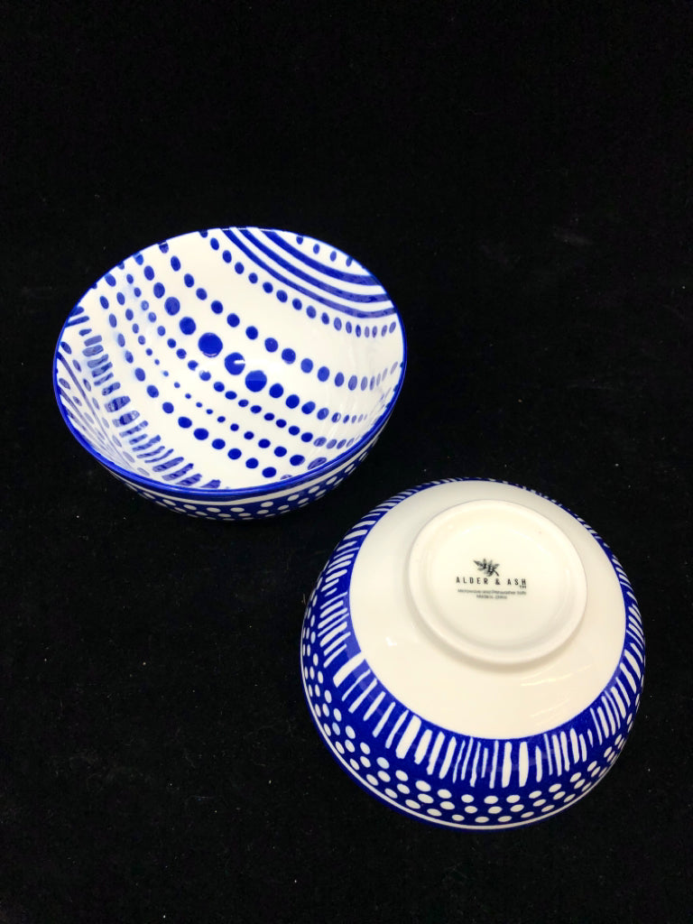 2 ALDER ASH BLUE/WHITE POLKA DOT BOWLS.