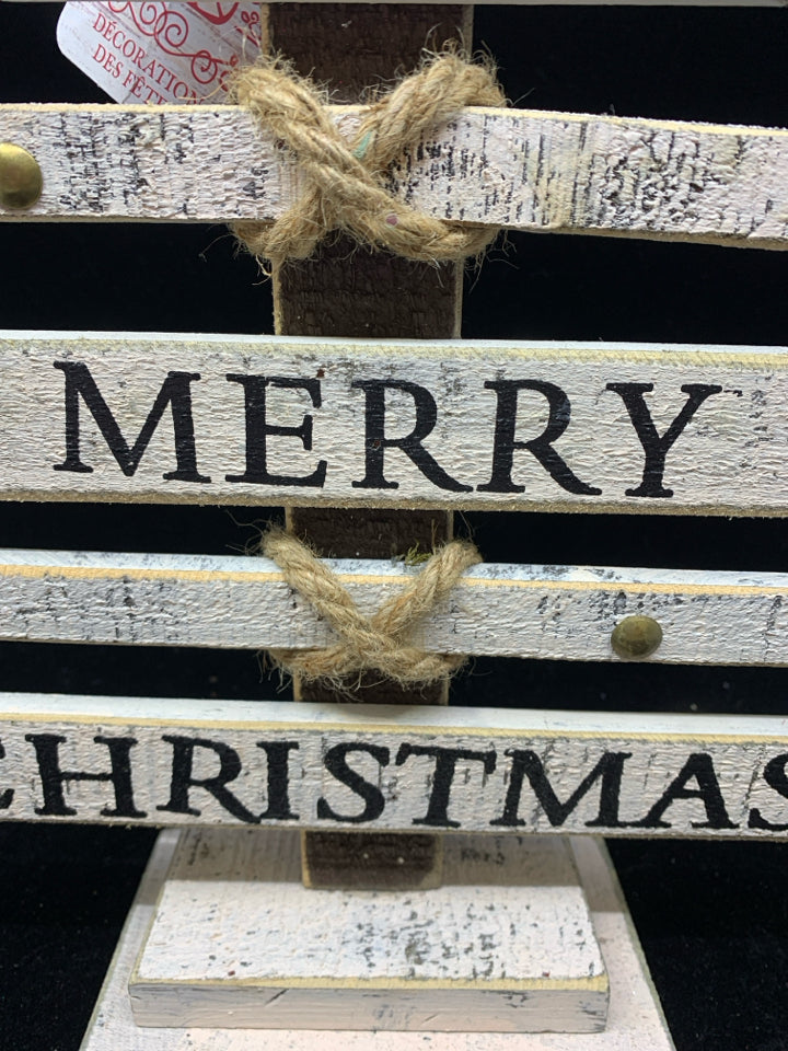 "A VERY MERRY" WHITE WASHED WOOD TREE.