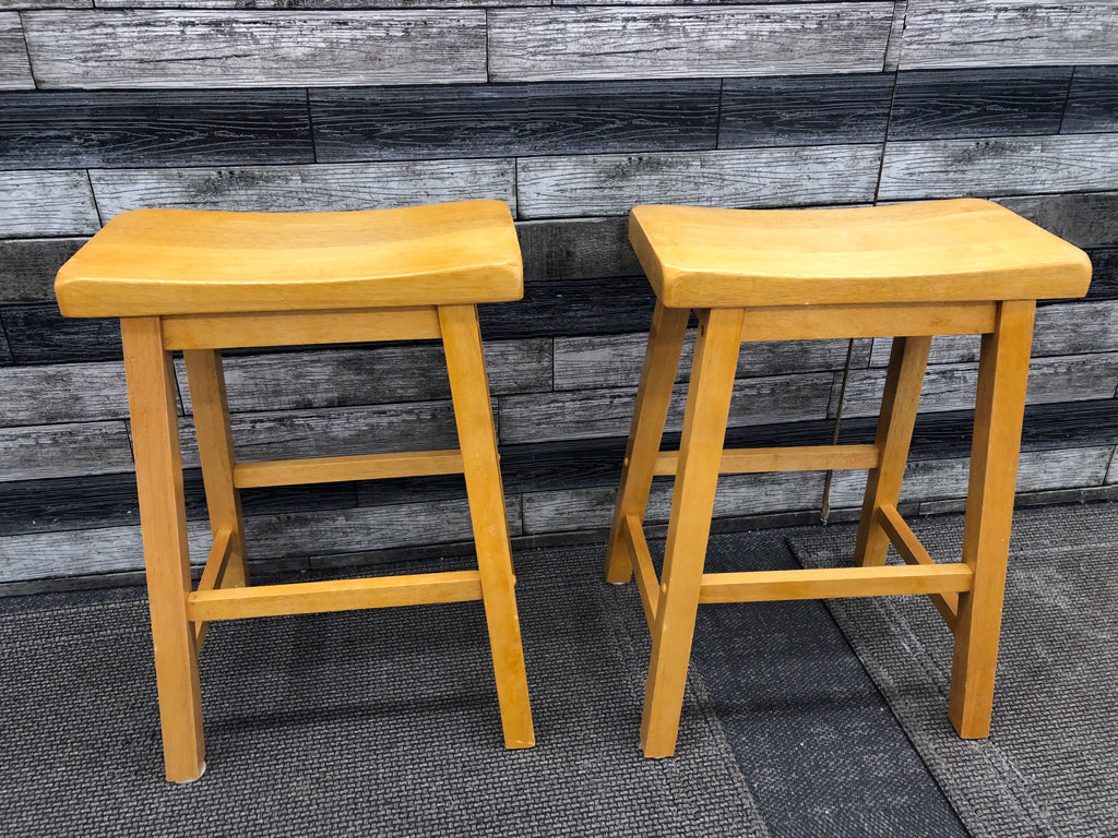 2 SHORT WOOD STOOLS.