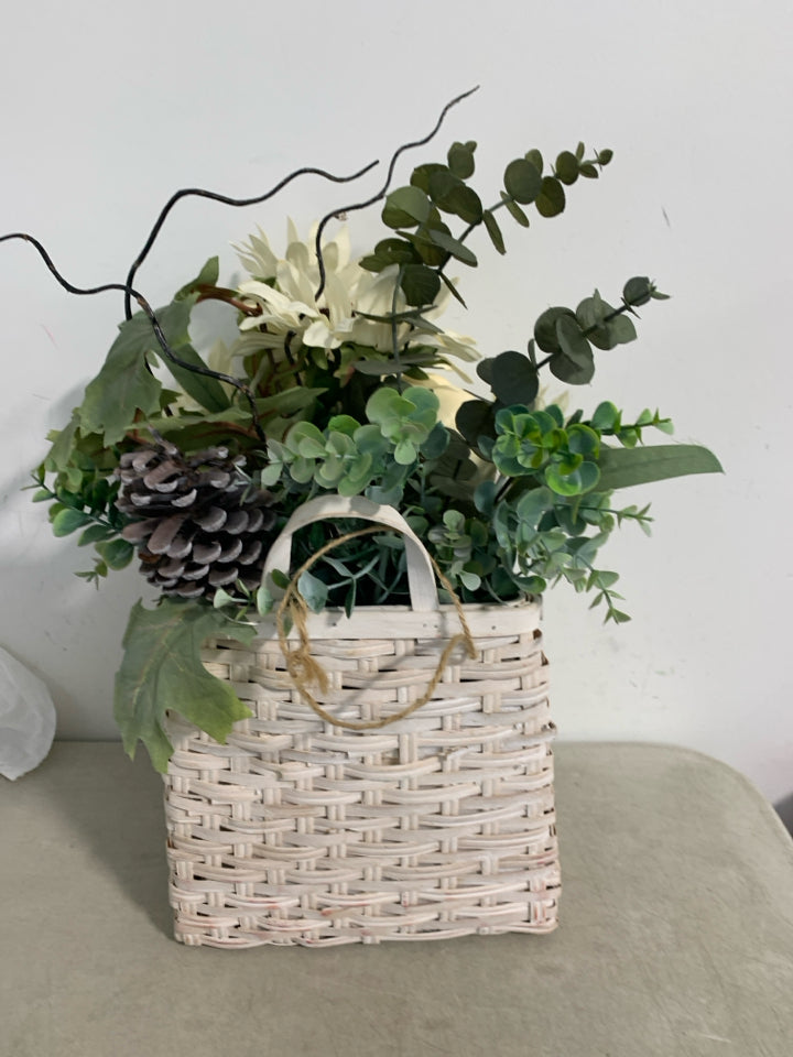 WHITE WASHED BASKET W/ WHITE SUNFLOWERS PUMPKINS BOUQUET.