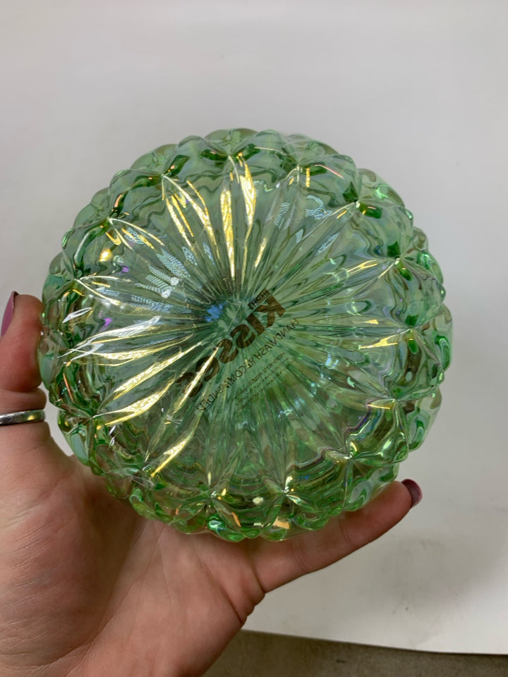 GREEN GLASS HERSHEY KISS SHAPED CANISTER.