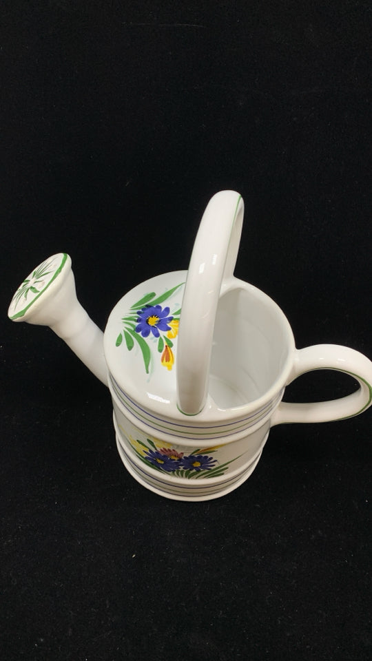 WHITE CERAMIC WATERING CAN W/PAINTED FLOWERS.