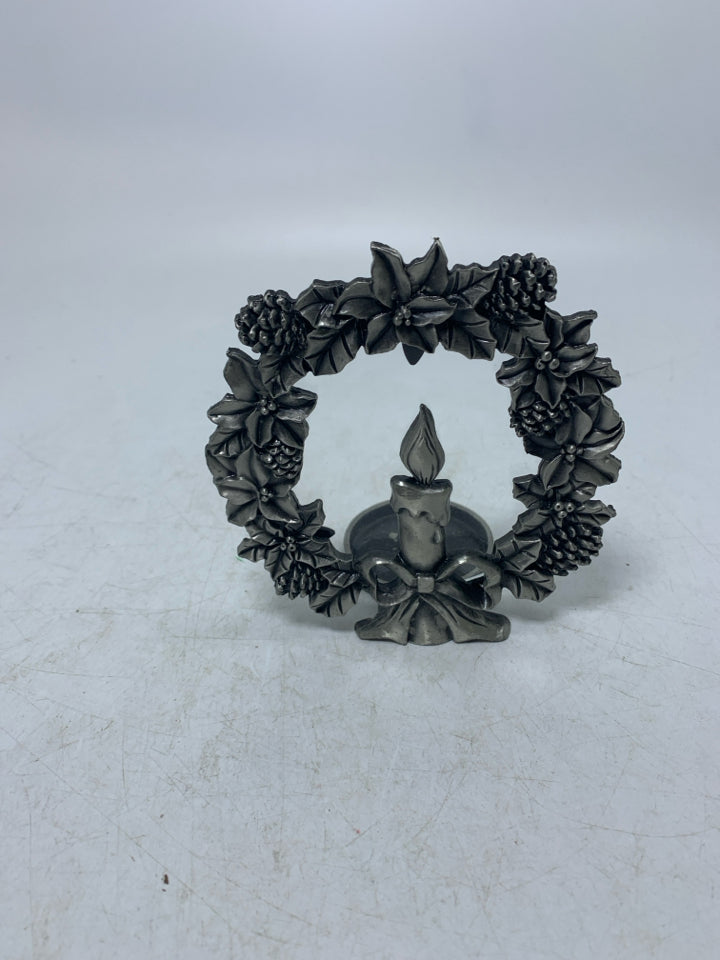 PEWTER COLORED METAL TEALIGHT HOLDER W/ CANDLE WREATH.