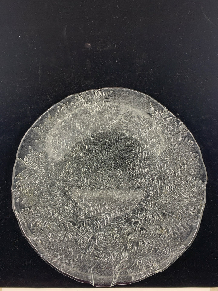 HEAVY GLASS SERVING PLATTER W/ TEXTURED FERN DESIGN.