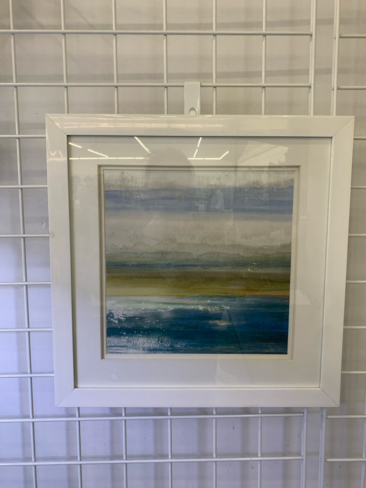 ABSTRACT OCEAN W/ SKY LINE IN WHITE FRAME WALL ART.