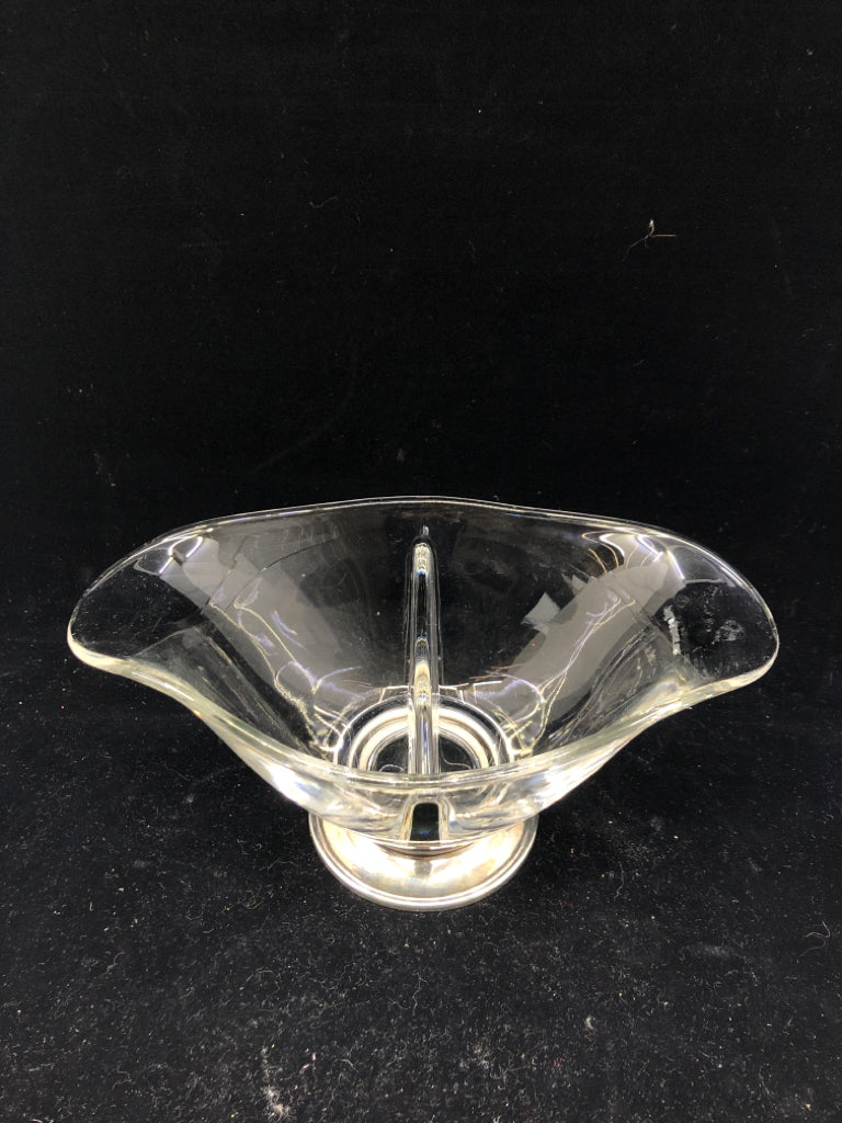 FOOTED DIVIDED GLASS DISH W METAL BOTTOM.