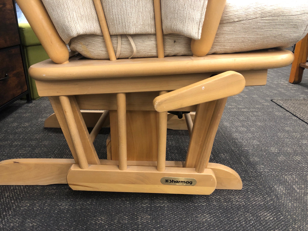 BLONDE WOOD SHERMAG CREAM CUSHION GLIDING ROCKER.