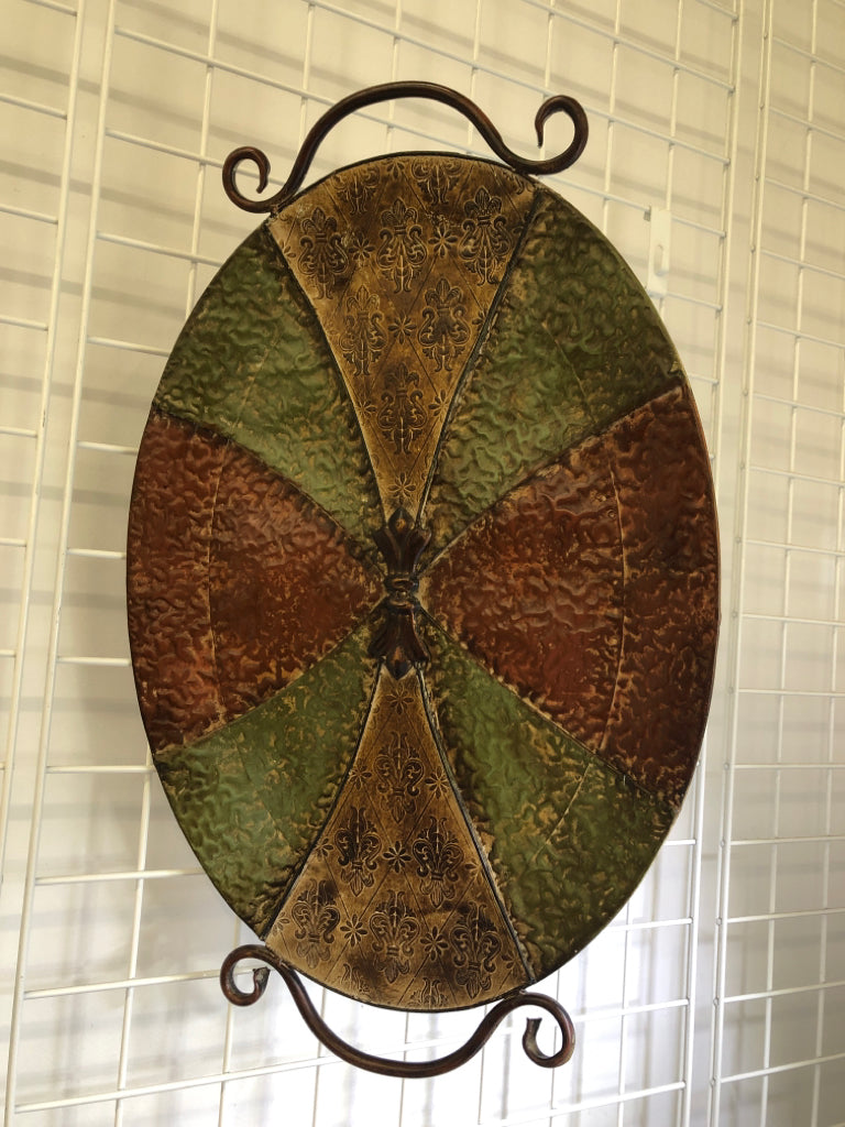 GREEN/RED HAMMERED COPPER TRAY W/HANDLES.