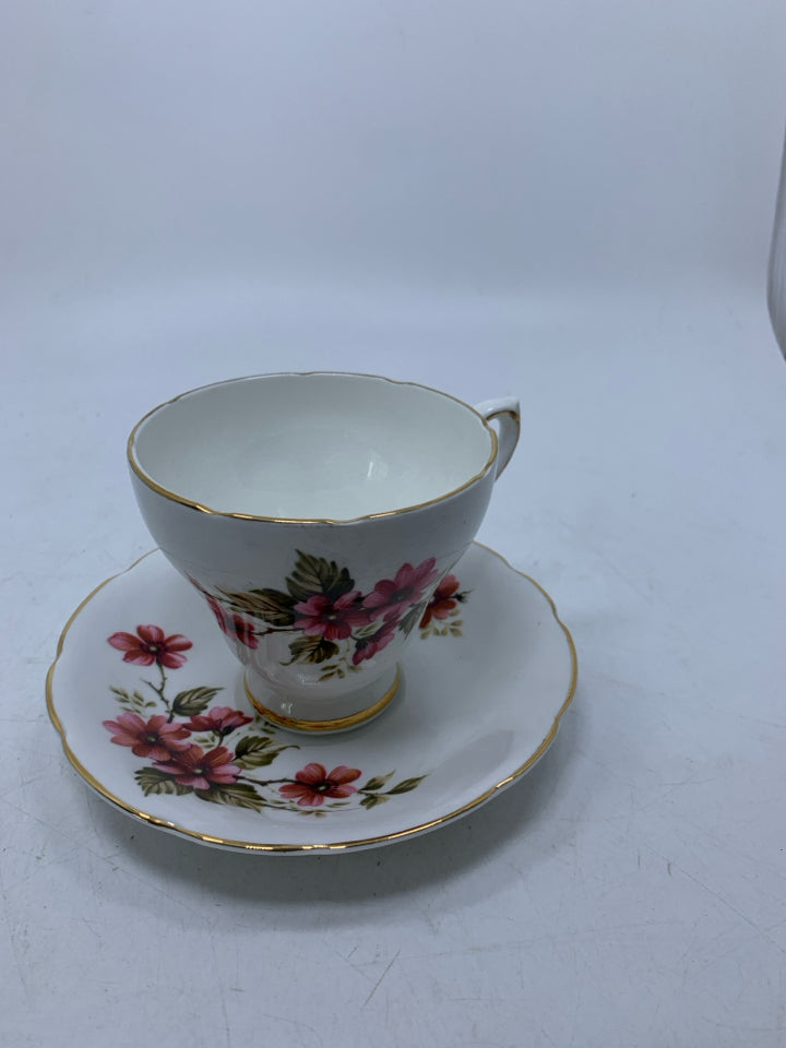 DARK PINK FLOWERS TEACUP/SAUCER.