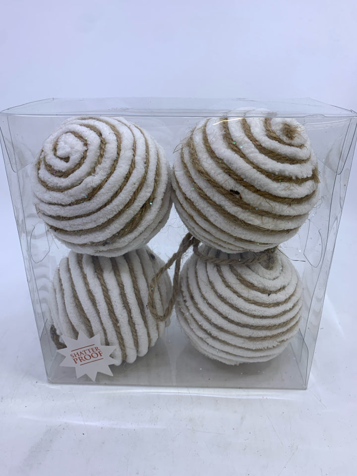 NIB 4 WHITE & TWINE GLITTER BALL ORNAMENTS.