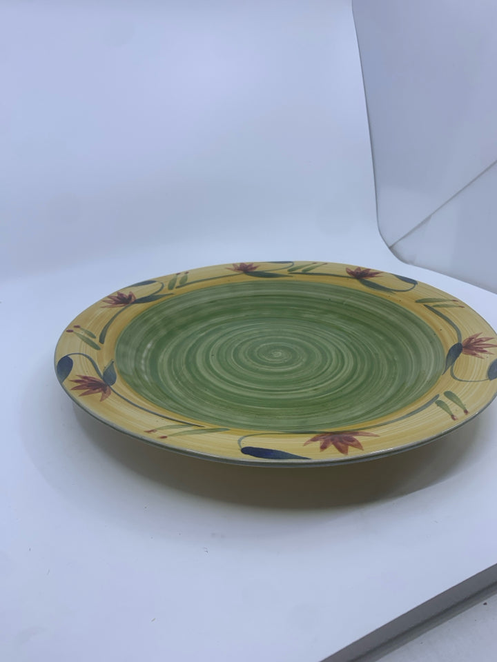 GREEN AND YELLOW FLORAL SERVING PLATE.