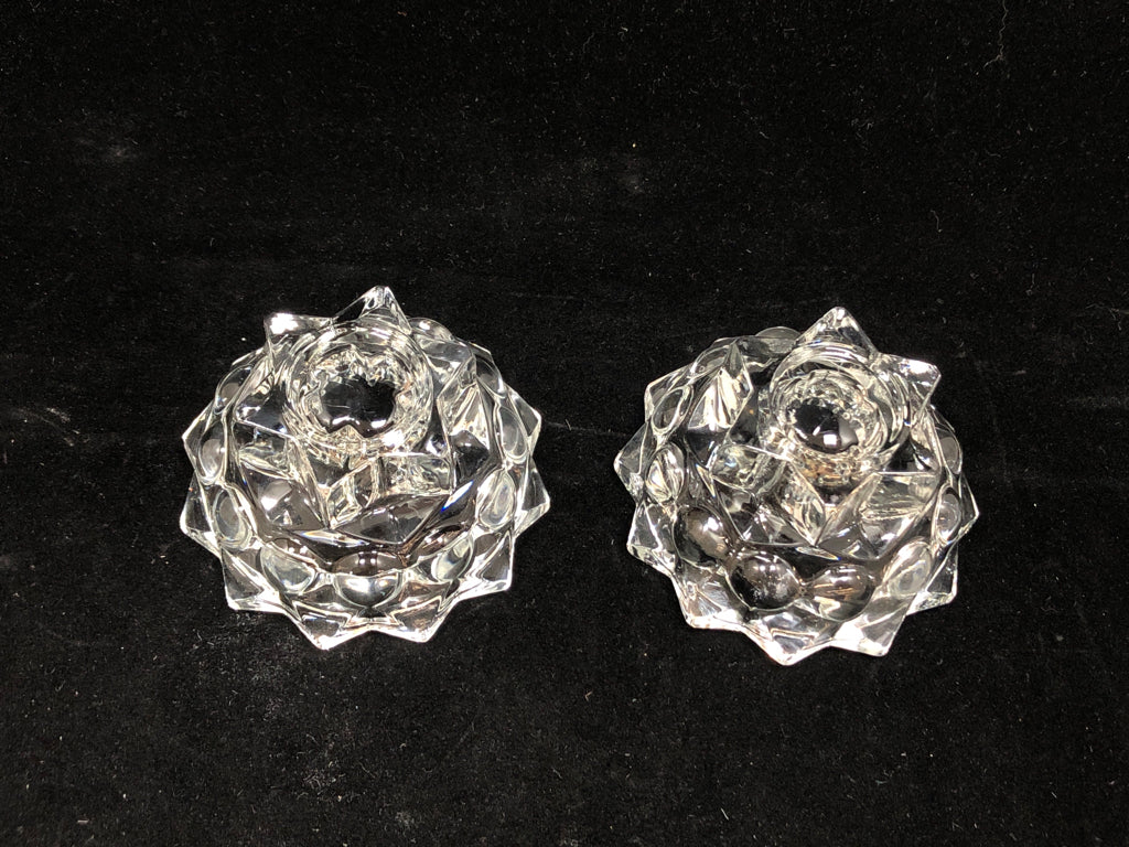 2 FRENCH GLASS "ROCK CUT" SHAPED VOTIVE HOLDERS.
