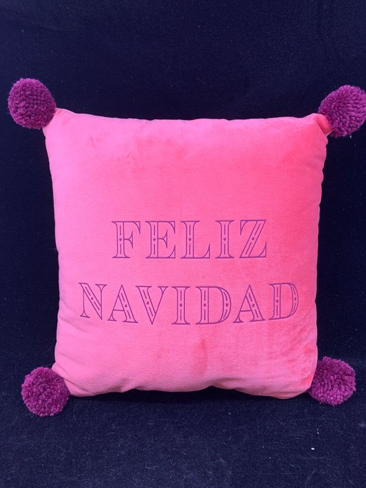 FELIZ NAVIDAD SQUARE PILLOW W/PURPLE POMPOMS.