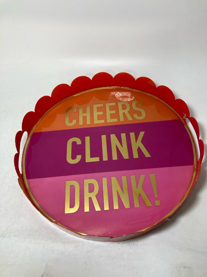 COLORFUL METAL CHEERS CLINK DRINK CIRCLE TRAY.