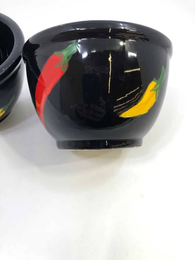 2 CHILI PEPPER/BLACK PAINTED SNACK BOWLS.