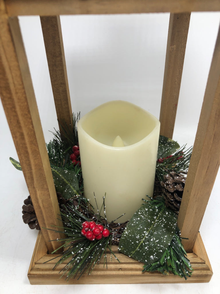 WOODEN BATTERY CANDLE LANTERN W/ WINTER PIP.