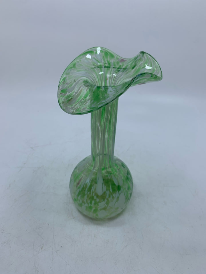 LIGHT GREEN BLOWN GLASS VASE W/ FLARED EDGE WHITE SPOTS.