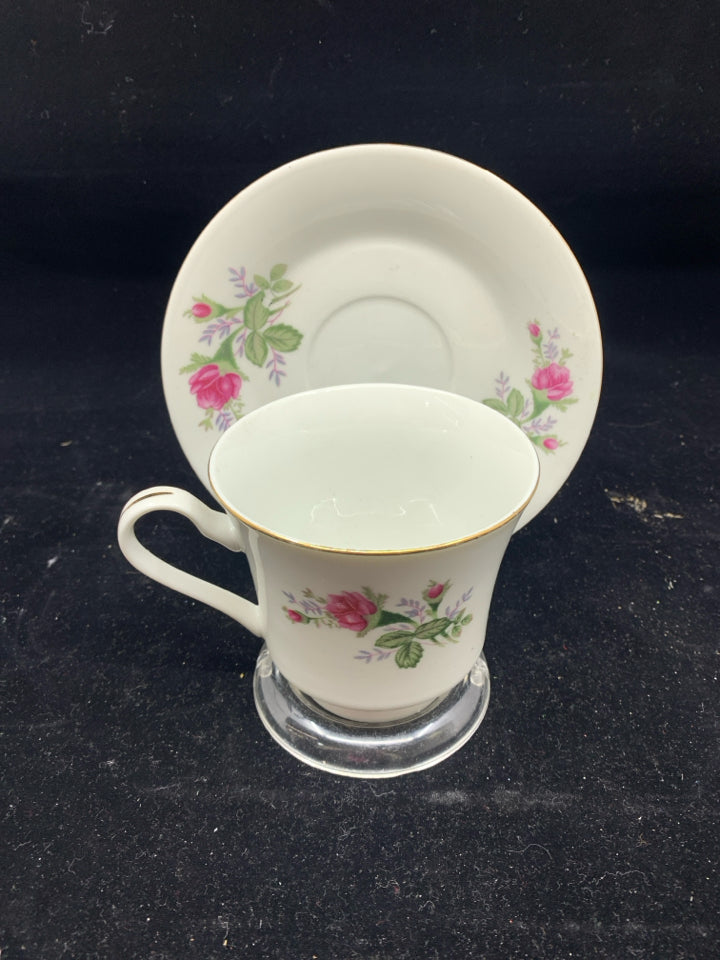 PINK FLORAL FINE CHINA TEA CUP AND SAUCER.