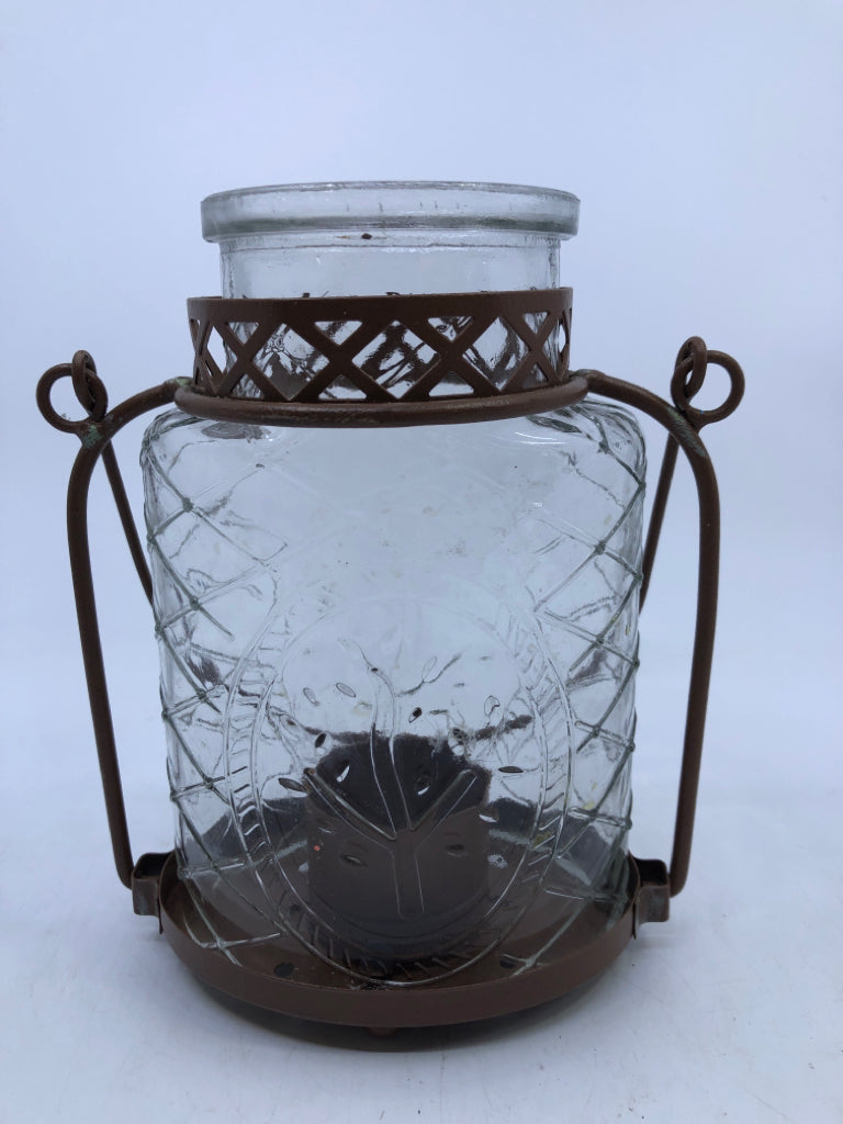 GLASS JAR METAL BASE W/ HANDLE CANDLE HOLDER.