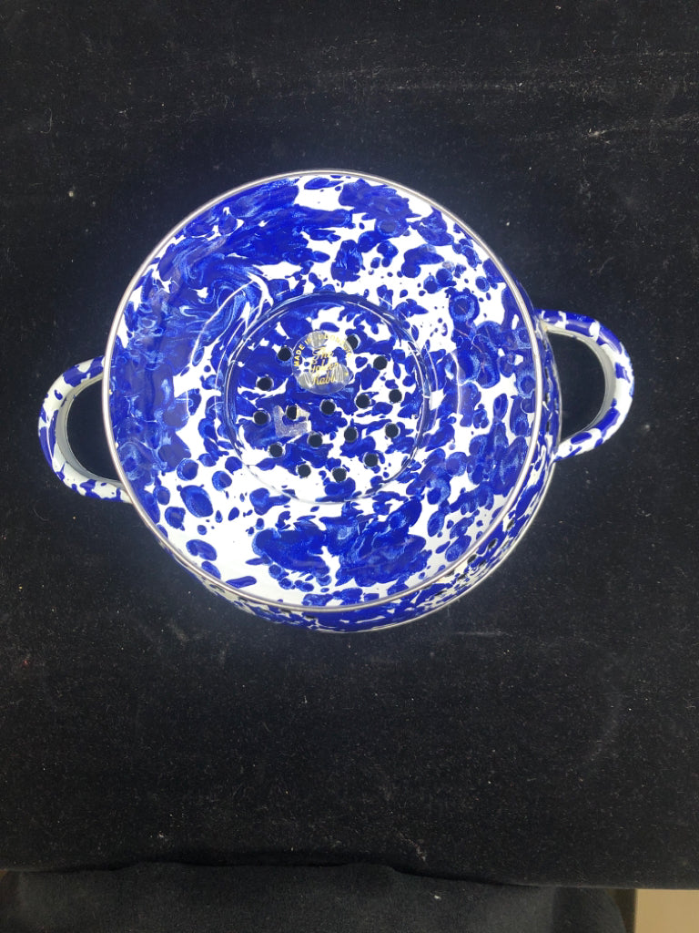 BLUE AND WHITE ENAMEL STRAINER.