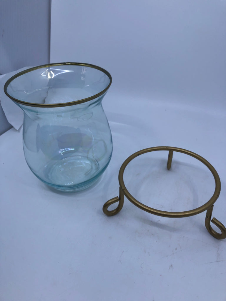 IRIDESCENT BLUE GLASS CANDLE HOLDER W/ GOLD STAND + RIM.