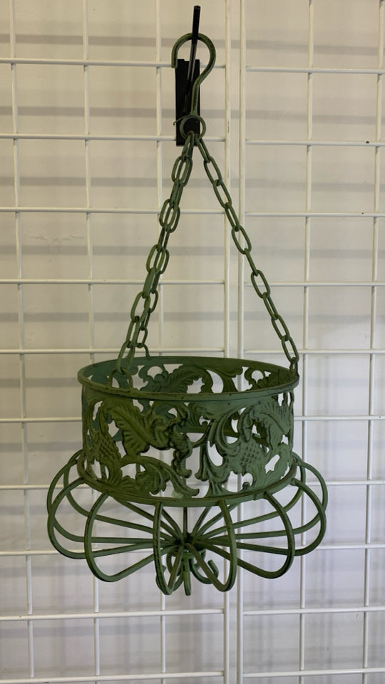 MINT GREEN METAL HANGING PLANTER W/RUSTIC VICTORIAN DESIGN.