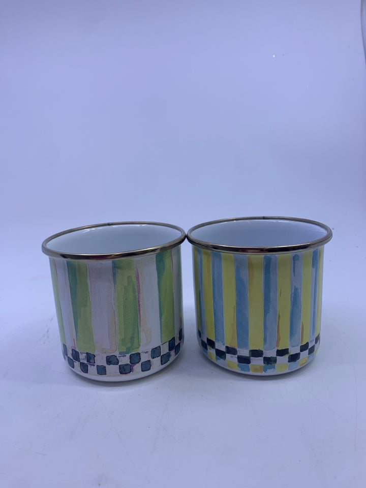 2 ENAMEL STRIPED/CHECKERED MACKENZIE-CHILDS MUGS.