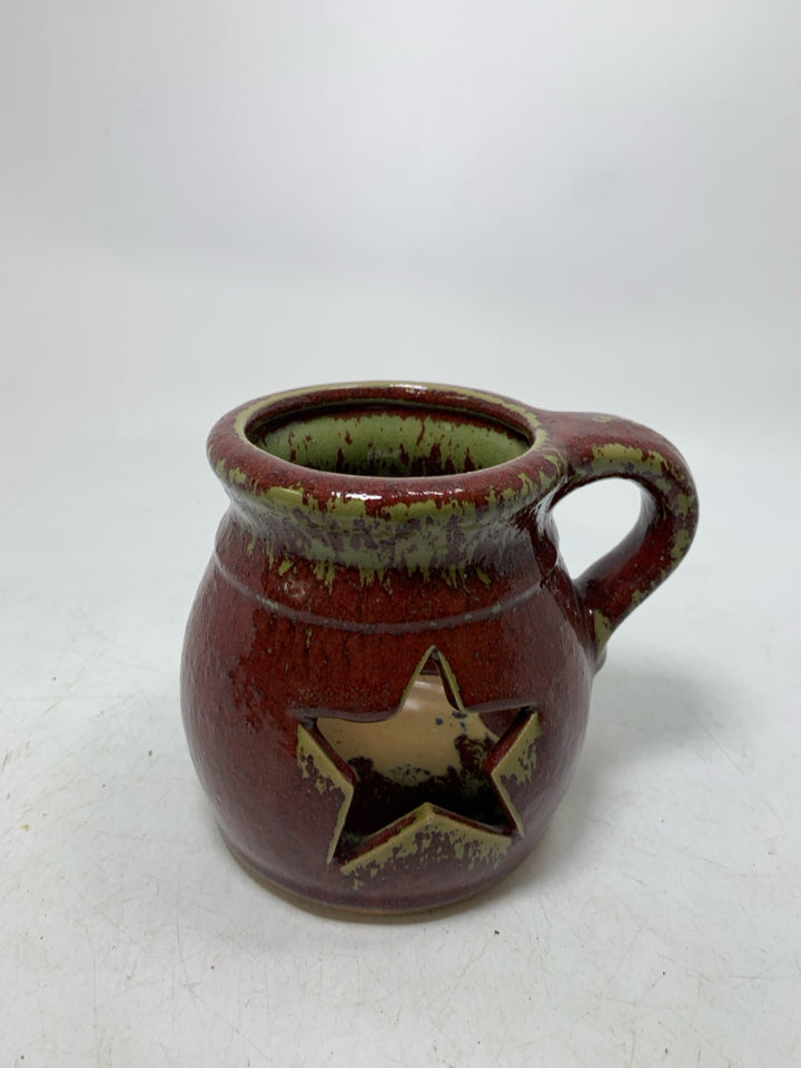 DISTRESSED CROCK W/ STAR CUTOUT/HANDLE CANDLE HOLDER.