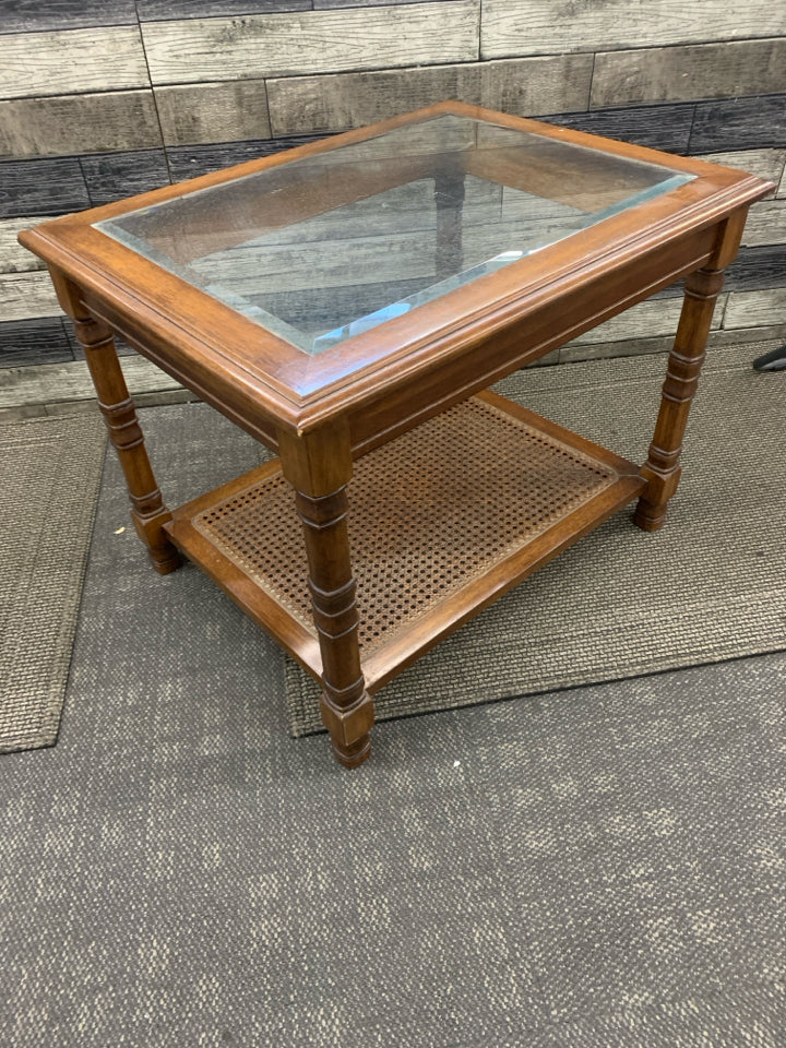 DARK WOOD GLASS TOP SIDE TABLE W BOTTOM SHELF.