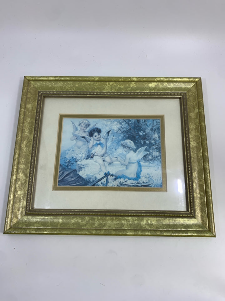 3 ANGELS IN GARDEN IN GOLD FRAME WALL HANGING.