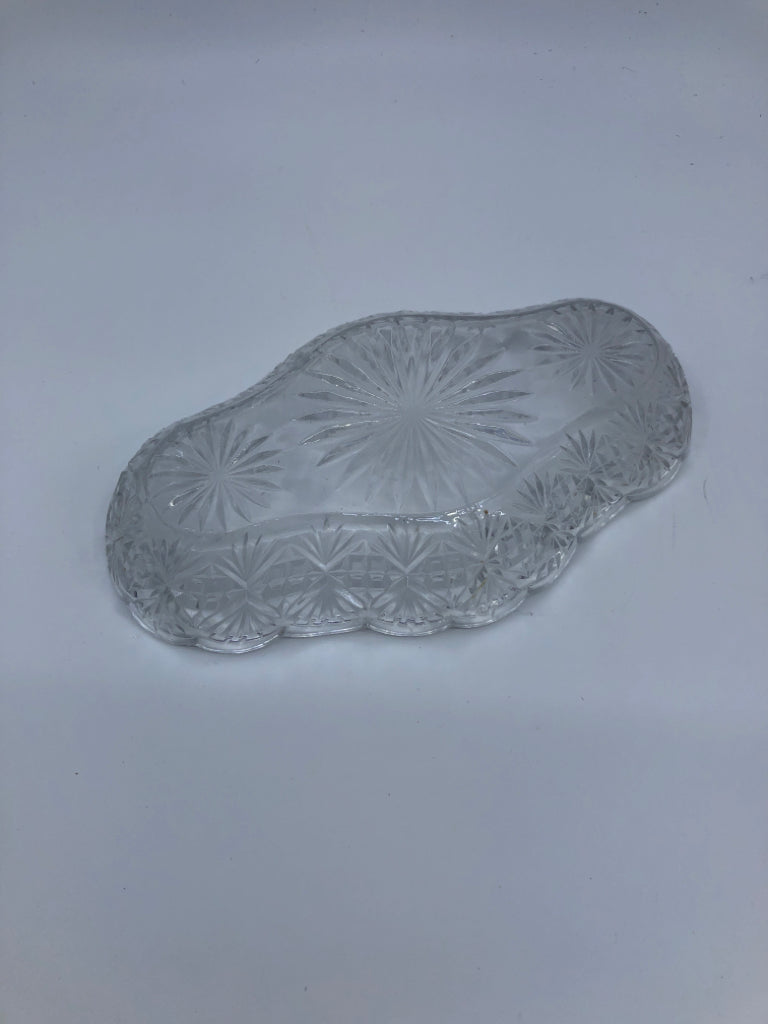 OVAL CUT GLASS PATTERN DISH W WAVY EDGES.