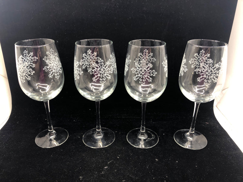 4 WINE GLASSES W GLITTER SNOWFLAKES.