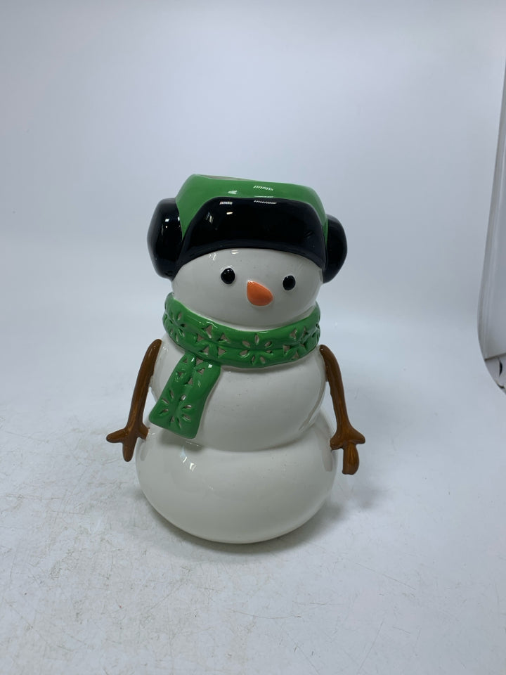 CERAMIC SNOWMAN W/ GREEN SCARF & EARMUFFS TEA LIGHT HOLDER.